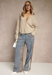 Renee - Beżowy Klasyczny Kardigan z Zaokrąglonym Dekoltem Reonira. Okazja: na co dzień. Kolor: beżowy. Materiał: jeans. Styl: klasyczny #4