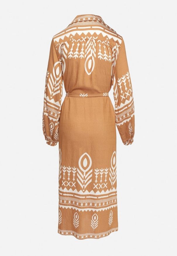 Born2be - Beżowa Sukienka Koszulowa w Etno Wzór z Paskiem Avierira. Okazja: na co dzień. Kolor: beżowy. Materiał: wiskoza, materiał. Typ sukienki: koszulowe. Styl: etno