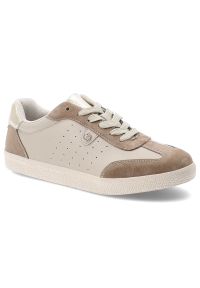 Sneakersy damskie S.Barski, sportowe ze skóry naturalnej wstawki zamszowe perforowana cholewka sznurowane lekka podeszwa casual, beżowe, LR61-7091. Okazja: na co dzień. Kolor: beżowy. Materiał: zamsz, skóra. Szerokość cholewki: normalna #1