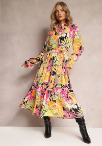 Renee - Żółta Plisowana Sukienka Maxi w Kwiaty z Wiązanym Paskiem Marleen. Kolor: żółty. Materiał: materiał. Wzór: kwiaty. Długość: maxi
