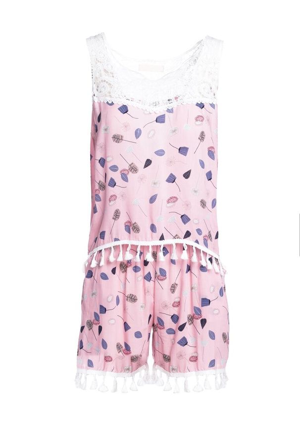 Born2be - Różowy Komplet Afebrile. Kolor: różowy. Materiał: koronka. Wzór: kolorowy, aplikacja, nadruk