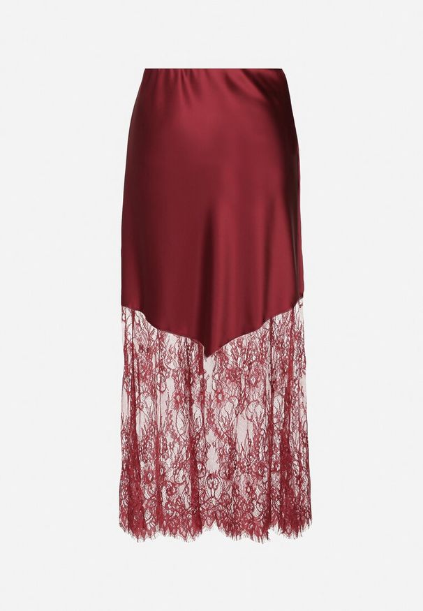 Born2be - Bordowa Satynowa Spódnica Ozdobiona Koronką Milori. Okazja: na spotkanie biznesowe. Kolor: czerwony. Materiał: satyna, koronka. Wzór: aplikacja, koronka. Sezon: wiosna, lato. Styl: biznesowy, klasyczny