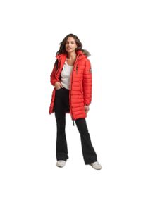 Damska kurtka puchowa z kapturem o średniej długości z futerkiem Superdry. Typ kołnierza: kaptur. Kolor: czerwony. Materiał: puch, futro #1