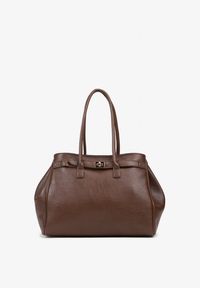 Renee - Brązowa Torebka Shopper z Dwoma Rączkami Ozdobiona Paskiem z Klamrą Remisse. Kolor: brązowy. Wzór: aplikacja. Styl: klasyczny, casual, elegancki. Rodzaj torebki: na ramię