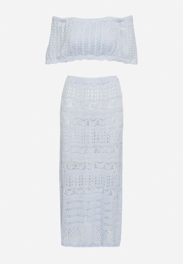 Born2be - Jasnoniebieski Haftowany Komplet z Bawełną Top Typu Hiszpanka i Spódnica Folidra. Kolor: niebieski. Materiał: bawełna. Wzór: haft