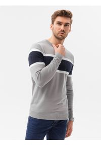 Ombre Clothing - Sweter męski E190 - szary melanż - XXL. Kolor: szary. Materiał: bawełna, jeans. Wzór: melanż. Styl: klasyczny