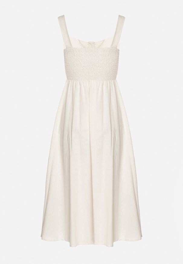 Born2be - Beżowa Sukienka z Bawełny Ozdobiona Haftami i Guzikami Milarietta. Okazja: na co dzień. Kolor: beżowy. Materiał: bawełna. Wzór: aplikacja, haft. Sezon: wiosna, lato. Typ sukienki: proste. Styl: klasyczny, casual, elegancki