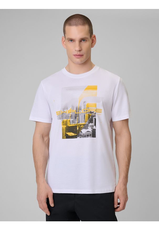 4f - 4F T-shirt regular z nadrukiem męski - biały L. Okazja: na co dzień. Kolor: biały. Materiał: dzianina, bawełna, materiał. Wzór: nadruk. Styl: klasyczny, casual