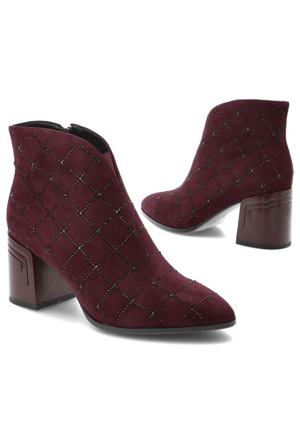 Bordowe Botki S.Barski Stylowe Buty Damskie. Zapięcie: zamek. Kolor: czerwony. Materiał: zamsz. Wzór: aplikacja, kratka. Obcas: na obcasie. Styl: elegancki. Wysokość obcasa: średni