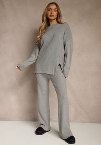 Renee - Ciemnoszary Komplet z Wełną i Bawełną Sweter z Guzikami i Szerokie Spodnie Reinelia. Kolor: szary. Materiał: wełna, bawełna #1