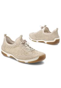 Półbuty damskie Rieker, cholewka ze skóry ekologicznej z przewiewnymi wstawkami z siateczki elastyczne sznurowanie wsuwany fason, beżowe, 55960-60. Okazja: na co dzień, na spacer. Zapięcie: sznurówki. Kolor: beżowy. Materiał: skóra ekologiczna. Szerokość cholewki: normalna. Wzór: ażurowy. Sezon: lato. Styl: casual #3