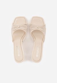 Renee - Beżowe Klapki na Szpilce z Siateczkową Cholewką i Kokardą Brefia. Okazja: na co dzień. Kolor: beżowy. Materiał: tiul. Obcas: na szpilce. Styl: casual. Wysokość obcasa: średni #5