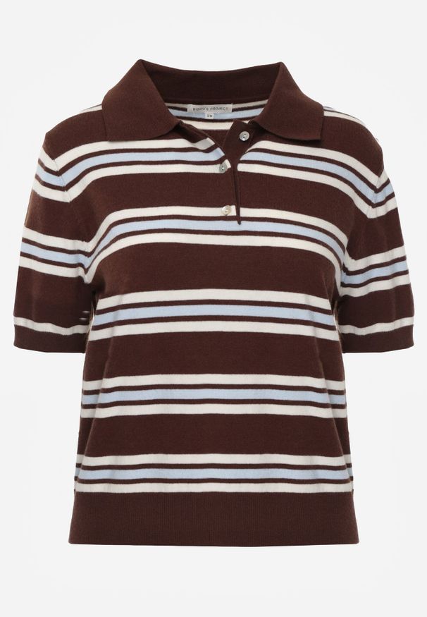 Born2be - Brązowy T-shirt Typu Polo z Wiskozą Ozdobiony Guzikami i Paskami Esefia. Okazja: na co dzień. Typ kołnierza: polo. Kolor: brązowy. Materiał: wiskoza. Wzór: aplikacja. Styl: casual