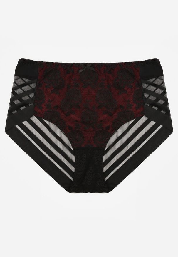 Renee - Czarno-Czerwone Siateczkowe Majtki Figi High Waist z Koronkowymi Zdobieniami Heylih. Stan: podwyższony. Kolekcja: plus size. Kolor: czarny. Materiał: koronka. Wzór: aplikacja