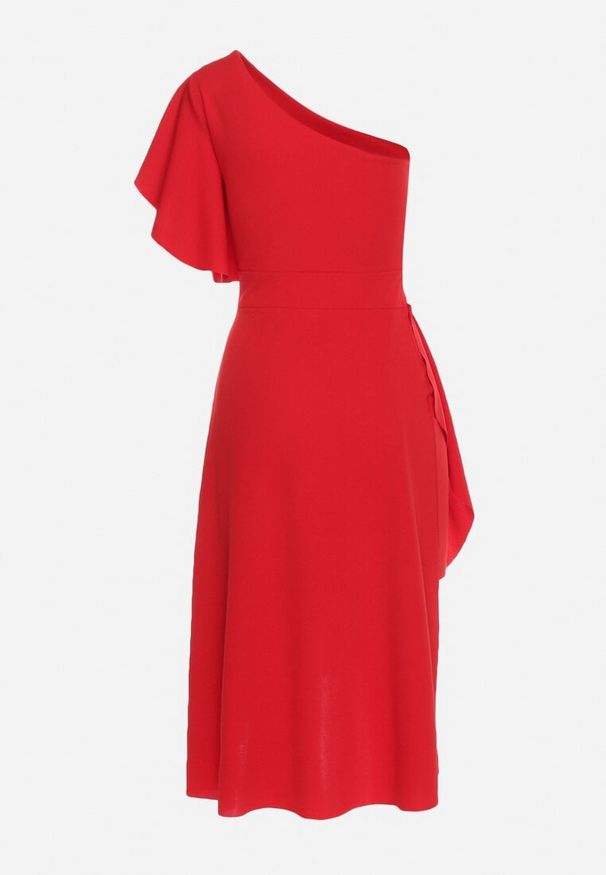 Born2be - Czerwona Koktajlowa Sukienka Asymetryczna na Jedno Ramię z Falbankami Vimilora. Typ kołnierza: kołnierz z falbankami. Kolor: czerwony. Materiał: materiał. Typ sukienki: asymetryczne. Styl: wizytowy