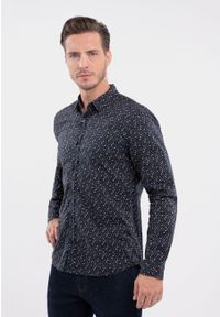 Volcano - Wzorzysta koszula, Slim Fit, K-EVANS. Typ kołnierza: button down. Kolor: niebieski. Materiał: włókno, materiał, bawełna. Wzór: kropki, nadruk, kolorowy