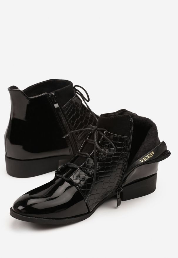 Born2be - Czarne Sznurowane Botki Vices w Eleganckim Stylu Viellie. Okazja: na co dzień, na spotkanie biznesowe, do pracy. Kolor: czarny. Materiał: jeans. Wzór: aplikacja. Obcas: na obcasie. Styl: elegancki. Wysokość obcasa: niski