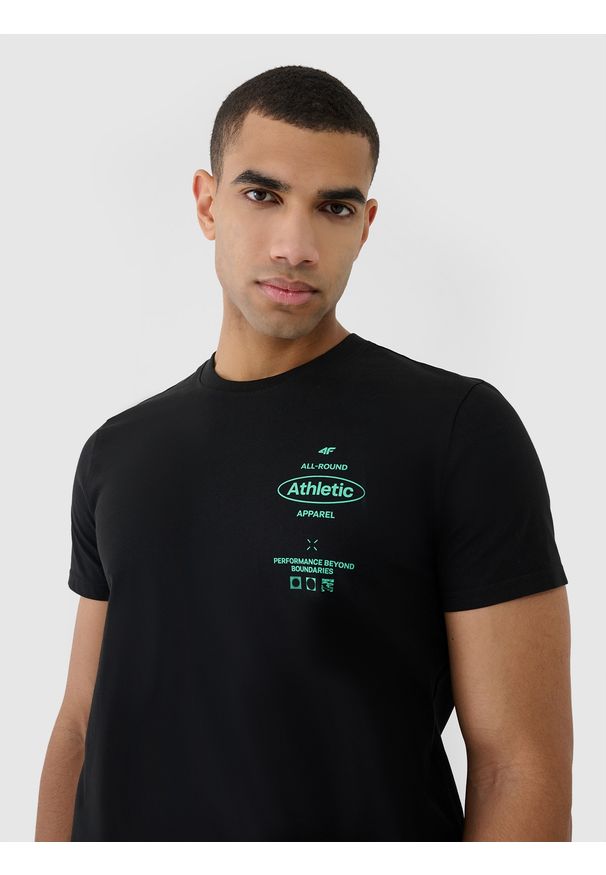 4f - 4F T-shirt regular z nadrukiem męski - czarny M. Okazja: na co dzień. Kolor: czarny. Materiał: jersey, bawełna, dzianina. Długość rękawa: krótki rękaw. Długość: krótkie. Wzór: nadruk. Styl: sportowy, klasyczny, casual