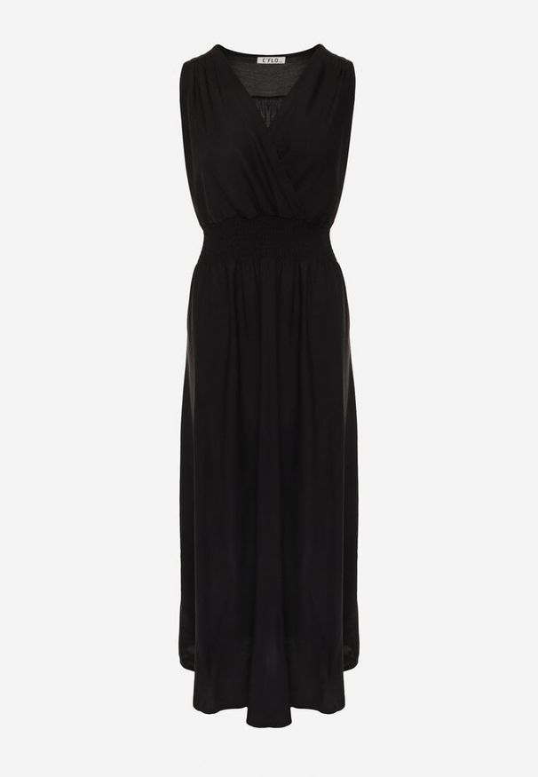 Renee - Czarna Sukienka Thesarpia. Typ kołnierza: dekolt kopertowy. Kolor: czarny. Materiał: wiskoza. Długość rękawa: bez rękawów. Sezon: lato. Typ sukienki: kopertowe. Styl: elegancki. Długość: maxi