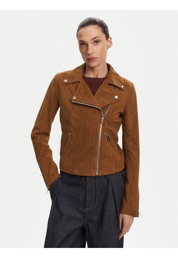 Serge Pariente Kurtka skórzana Oxford Vs Brązowy Slim Fit. Kolor: brązowy. Materiał: skóra