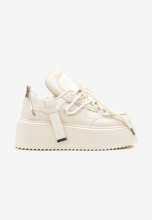 Renee - Beżowe Sneakersy na Platformie Ozdobione Sznurowaniem Vilvia. Okazja: na co dzień. Kolor: beżowy. Materiał: jeans. Wzór: aplikacja. Obcas: na platformie
