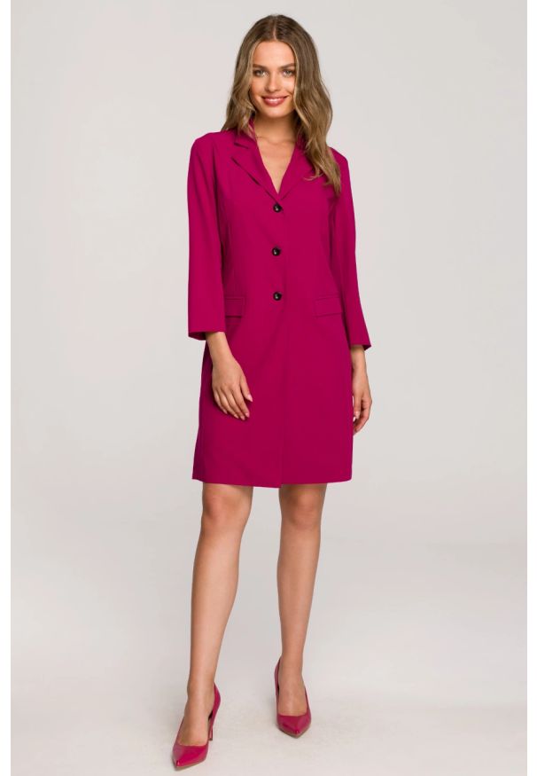 Stylove - Elegancka żakietowa sukienka marynarka z paskiem - śliwkowa. Materiał: poliester, wiskoza, elastan. Styl: elegancki