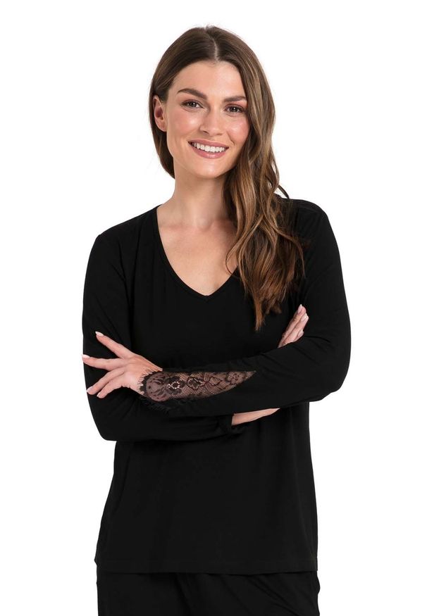MOE - Wiskozowa bluzka do spania z Koronką - Czarna. Kolor: czarny. Materiał: wiskoza, koronka. Wzór: koronka