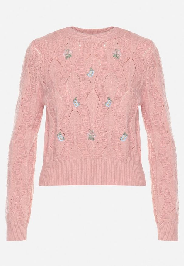 Born2be - Różowy Sweter Ozdobiony Tłoczeniem i Kwiatkami Eretina. Okazja: na co dzień. Kolor: różowy. Materiał: jeans. Wzór: aplikacja, kwiaty. Styl: casual
