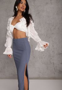 Renee - Niebieska Teksturowana Spódnica Ołówkowa z Rozcięciem z Boku Piremilia. Okazja: na co dzień, na spacer. Kolor: niebieski. Materiał: tkanina. Styl: casual, elegancki #8