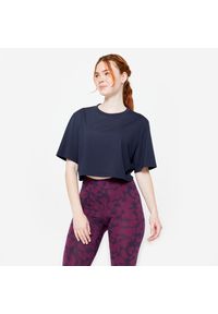 DOMYOS - Koszulka damska Domyos Gym & Pilates crop top. Kolor: niebieski. Materiał: materiał, włókno, lyocell, bawełna. Sport: joga i pilates