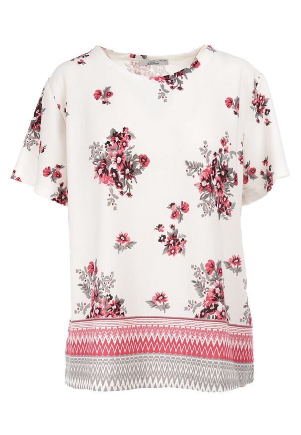 Born2be - Biało-Różowa Bluzka Delastis. Okazja: na co dzień. Kolekcja: plus size. Kolor: biały. Materiał: jeans. Długość: krótkie. Wzór: kwiaty, aplikacja. Styl: klasyczny, casual
