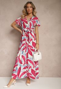 Renee - Różowa Kopertowa Sukienka z Wiskozy z Wiązanym Paskiem w Roślinny Print Arivane. Okazja: na co dzień. Kolor: różowy. Materiał: wiskoza. Wzór: nadruk. Typ sukienki: kopertowe. Styl: klasyczny, casual