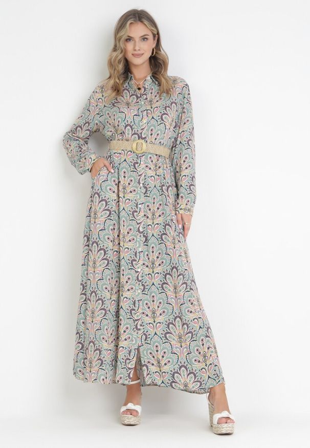 Born2be - Miętowo-Różowa Sukienka z Guzikami i Plecionym Paskiem z Klamrą Aralty. Kolor: miętowy. Długość rękawa: długi rękaw. Sezon: wiosna, lato. Typ sukienki: koszulowe