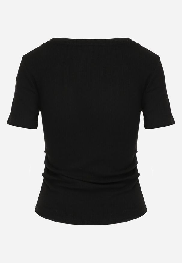Renee - Czarny T-shirt w Prążki z Marszczeniami po Bokach Nedala. Okazja: na co dzień. Kolor: czarny. Wzór: prążki. Styl: elegancki, casual