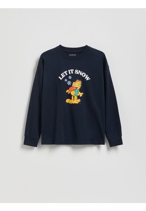 Reserved - Longsleeve Garfield - granatowy. Kolor: niebieski. Materiał: bawełna, dzianina. Długość rękawa: długi rękaw