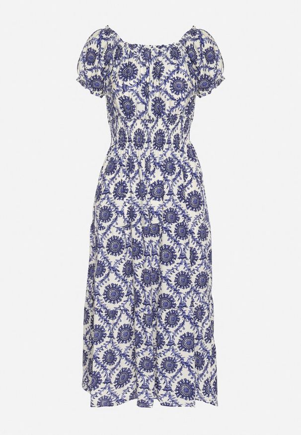 Born2be - Niebieska Sukienka z Bawełną i Bufiastymi Rękawami Revilee. Okazja: na spacer, na co dzień. Kolor: niebieski. Materiał: bawełna. Wzór: aplikacja. Styl: elegancki, casual