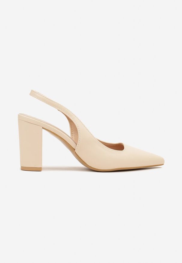 Renee - Beżowe Sandały na Słupku Slingback Halatia. Okazja: na co dzień. Kolor: beżowy. Materiał: jeans. Obcas: na słupku. Styl: elegancki, klasyczny, casual