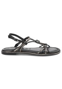 Czarne Sandały Tamaris Eleganckie Płaskie Buty. Okazja: na co dzień, na spacer. Zapięcie: pasek. Kolor: czarny. Wzór: paski. Sezon: lato. Obcas: na płaskiej podeszwie. Styl: elegancki