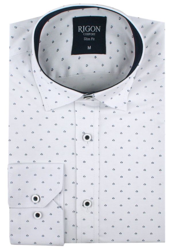 Męska Koszula, Taliowana (Slim Fit) - Rigon - Biała w Drobny Wzór. Okazja: do pracy, na spotkanie biznesowe. Kolor: biały. Materiał: bawełna, poliester, elastan. Długość rękawa: długi rękaw. Długość: długie. Styl: wizytowy, elegancki, biznesowy