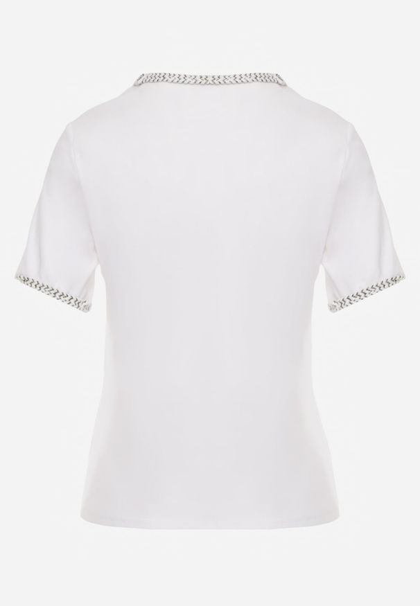 Renee - Biały Gładki T-shirt Bawełniany z Ozdobnymi Lamówkami z Warkoczowego Splotu Thalia. Kolor: biały. Materiał: bawełna. Wzór: gładki, ze splotem