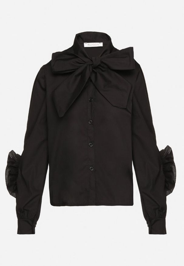 Born2be - Czarna Koszula z Ozdobnym Wiązaniem i Falbankami Zalimira. Okazja: na co dzień. Typ kołnierza: kołnierz z falbankami. Kolor: czarny. Materiał: jeans. Styl: elegancki, casual