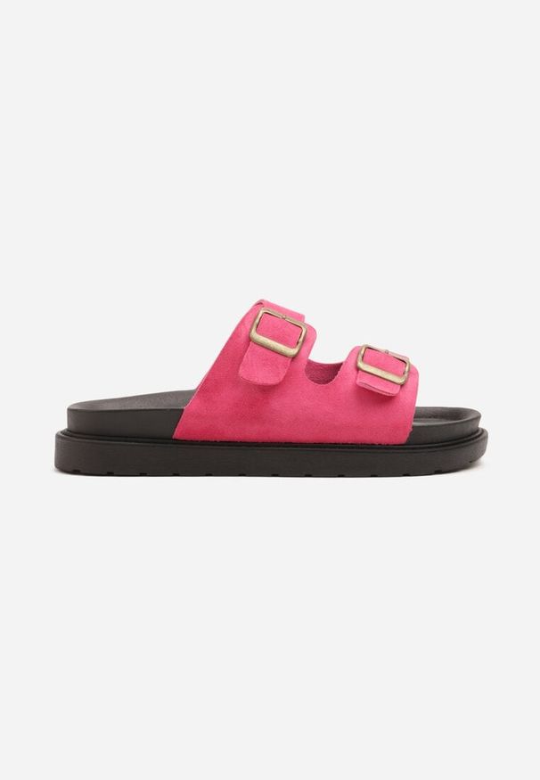 Born2be - Fuksjowe Casualowe Klapki z Paskami z Klamrami Winea. Okazja: na co dzień. Kolor: różowy. Materiał: jeans, zamsz. Obcas: na płaskiej podeszwie. Styl: casual