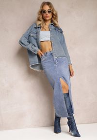 Renee - Niebieska Jeansowa Spódnica Midi Abexa. Stan: podwyższony. Kolor: niebieski. Materiał: jeans. Wzór: aplikacja. Styl: elegancki #2