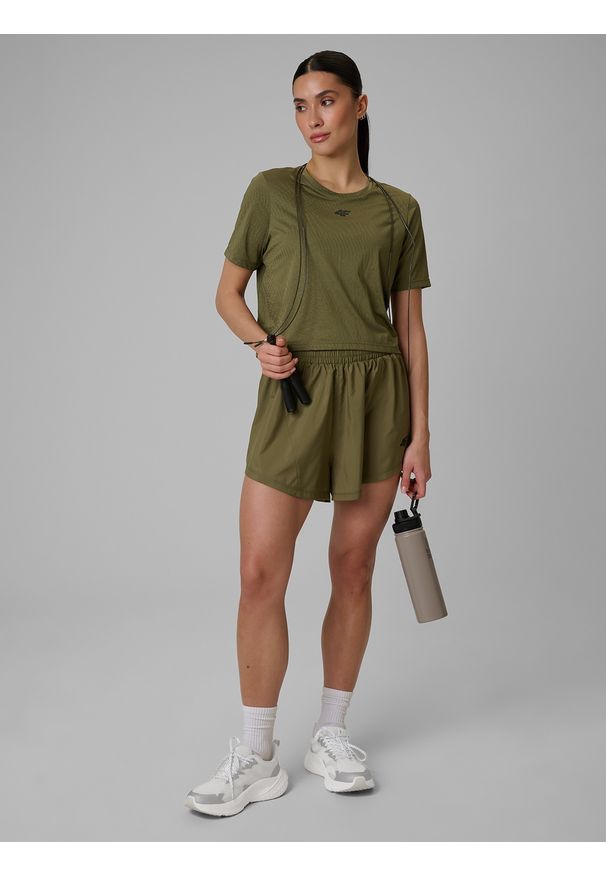 4f - 4F Crop top treningowy slim szybkoschnący damski - oliwkowy S. Kolor: oliwkowy, brązowy, wielokolorowy. Sport: fitness