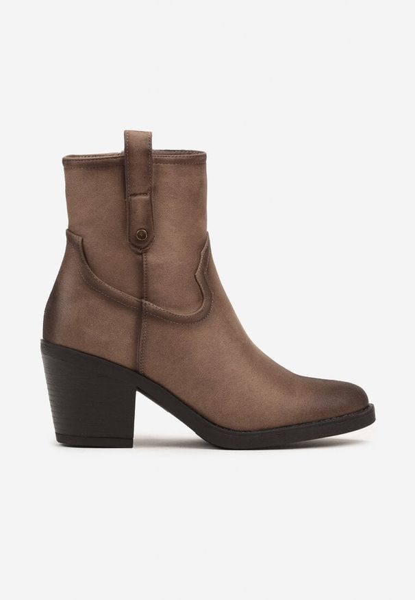 Born2be - Beżowe Botki na Stożku w Stylu Kowbojek z Ozdobnym Paskiem Naraya. Okazja: na co dzień. Zapięcie: pasek. Kolor: beżowy. Materiał: jeans. Obcas: na stożku. Styl: elegancki, casual. Wysokość obcasa: średni