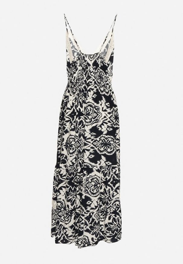 Born2be - Granatowa Bawełniana Sukienka Rozkloszowana w Etniczny Wzór z Koronką Taliosha. Okazja: na co dzień. Typ kołnierza: dekolt w kształcie V. Kolor: niebieski. Materiał: bawełna, koronka. Długość rękawa: na ramiączkach. Wzór: koronka. Styl: casual, elegancki