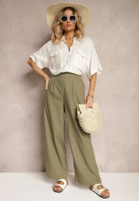 Renee - Ciemnozielone Spodnie z Bawełny i Lnem High Waist Kolalia. Okazja: do pracy, na spotkanie biznesowe, na co dzień, na spacer. Stan: podwyższony. Kolor: zielony. Materiał: bawełna, len. Styl: klasyczny, casual, biznesowy