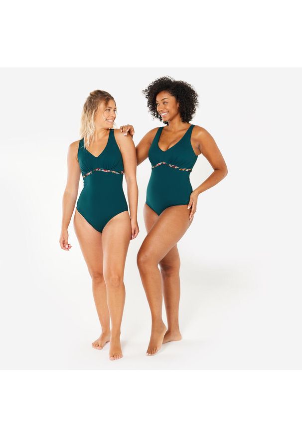 Decathlon - Strój jednoczęściowy do aquafitness damski Nabaiji 100 Rosy Ara. Kolor: czarny, niebieski, wielokolorowy, zielony. Materiał: materiał
