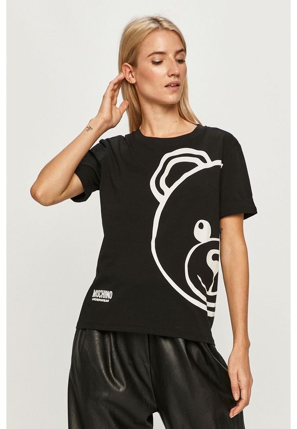 Moschino Underwear - T-shirt. Okazja: na co dzień. Kolor: czarny. Materiał: bawełna, dzianina, elastan. Wzór: nadruk. Styl: casual