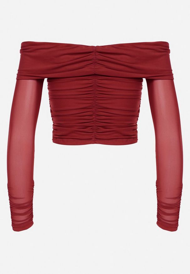 Born2be - Bordowa Siateczkowa Bluzka VICES z Odkrytymi Ramionami Ozdobiona Marszczeniem Tuvita. Okazja: na co dzień. Kolor: czerwony. Materiał: jeans. Wzór: aplikacja. Styl: casual